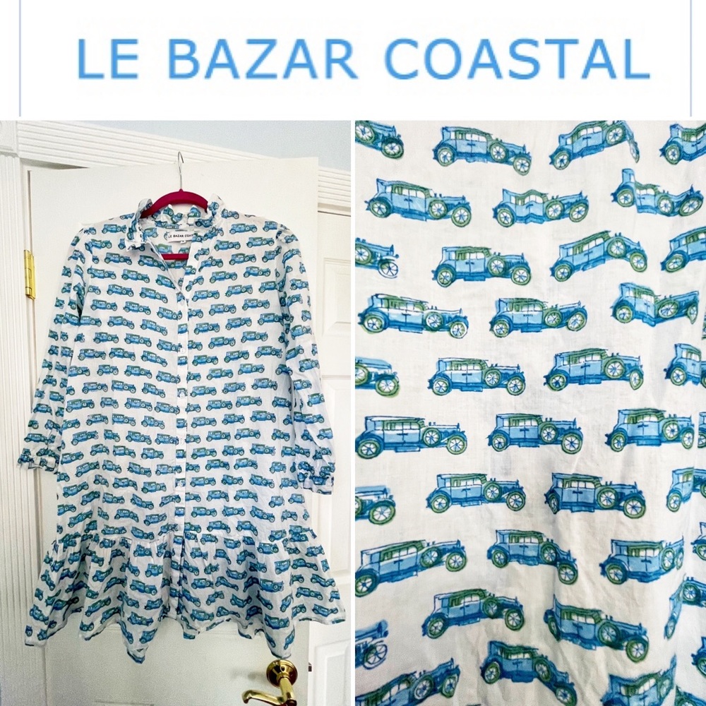 Le Bazar Coastal Antique Automobile Cotton Ruffle Dress Gown Blue Green Car S